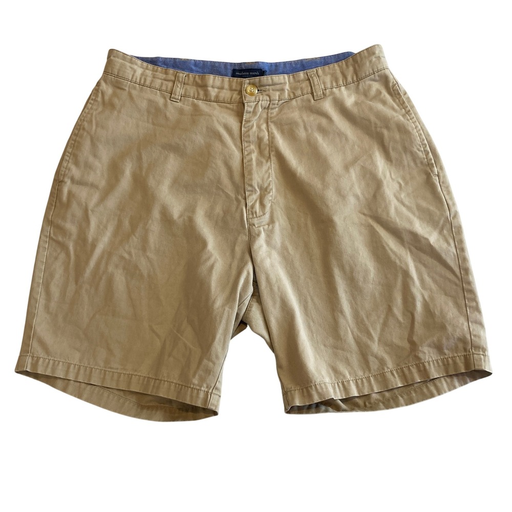 Southern Marsh Mens 32 Khaki Chino Shorts Tan Cotton Flat Front Casual 8" Inseam
